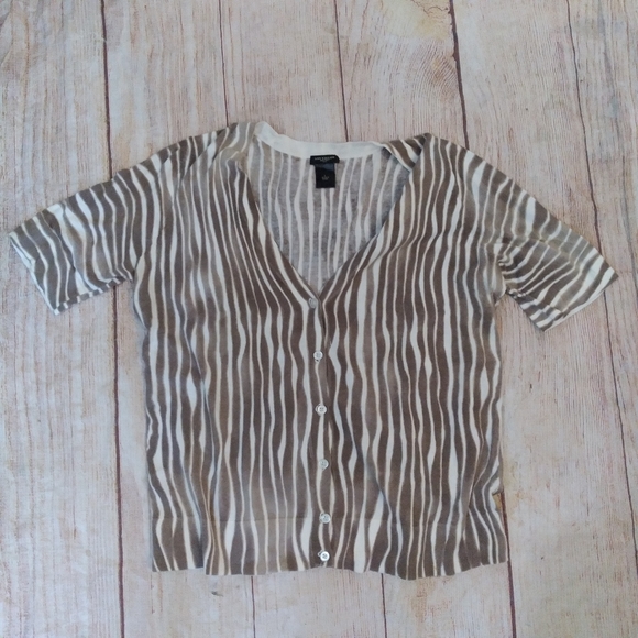 Ann Taylor zebra stripe tan jersey top/cardigan sz L - Picture 3 of 5